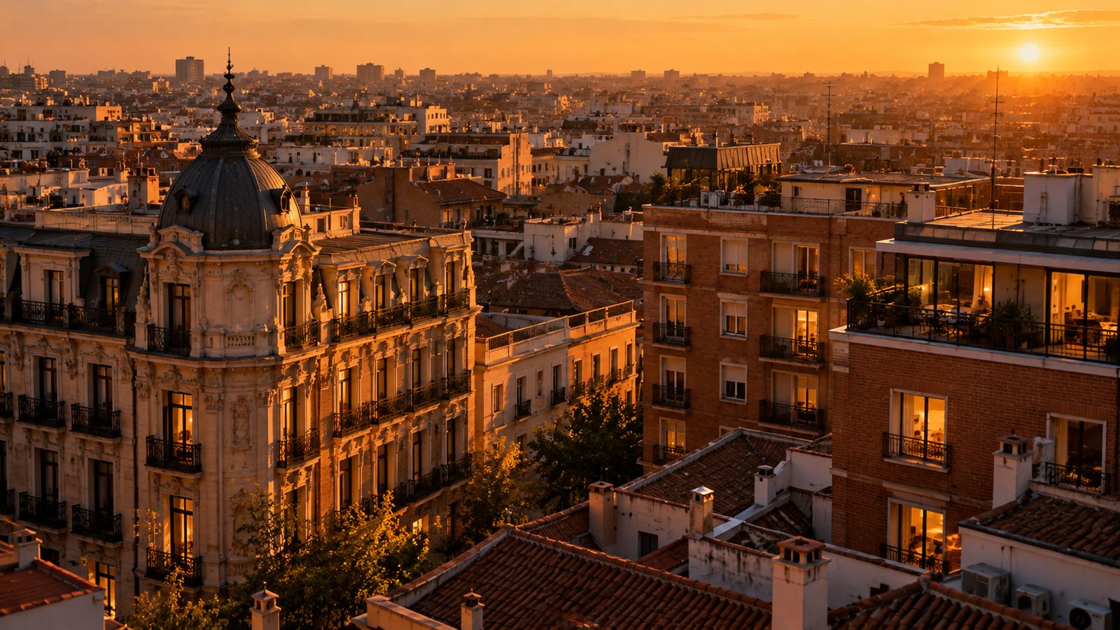Tejados de Madrid al atardecer con edificios de épocas y estilos muy distintos