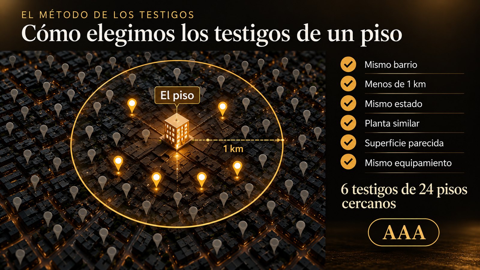 Cómo se eligen los testigos: pisos a menos de 1 km, del mismo barrio, estado, planta, superficie y equipamiento
