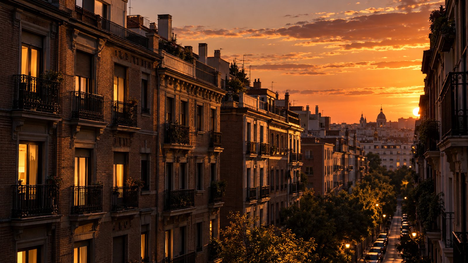 Fachadas de un barrio residencial de Madrid al atardecer