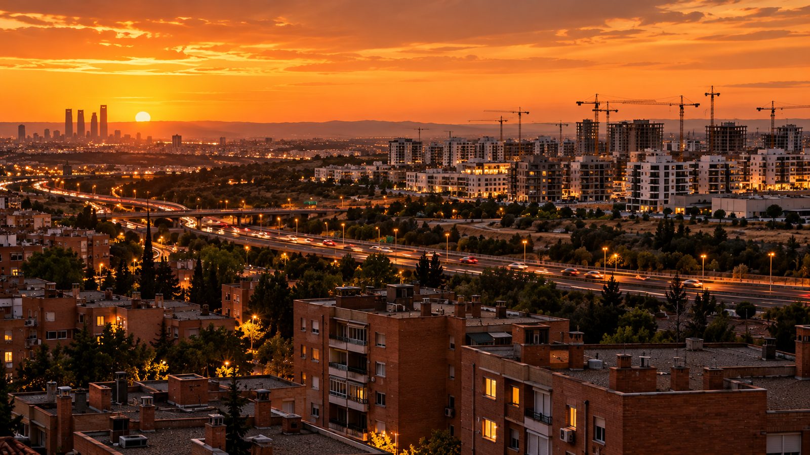 Barrios del sur de Madrid en primer plano y nuevas promociones del área metropolitana al fondo