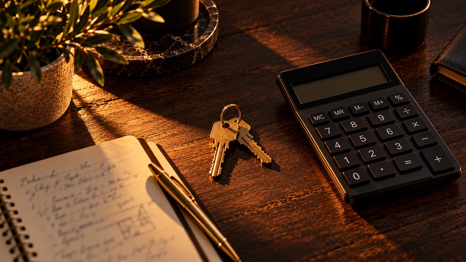 Llaves de una vivienda, una calculadora y una libreta con cuentas sobre una mesa