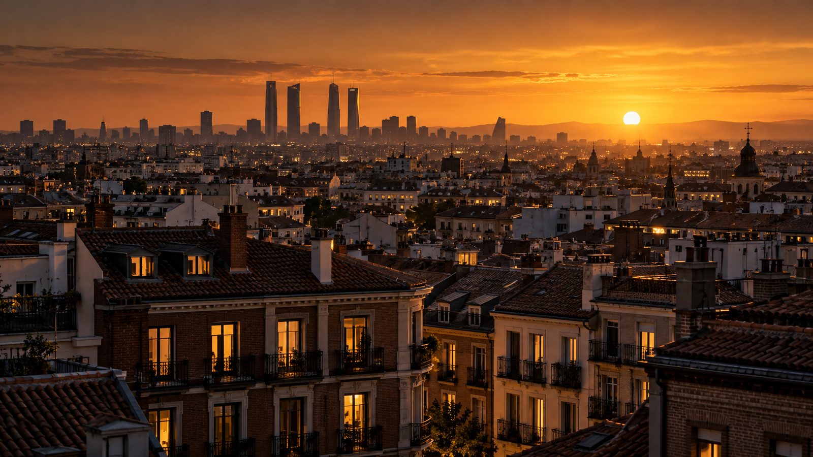 Tejados de Madrid al atardecer con los rascacielos del norte al fondo