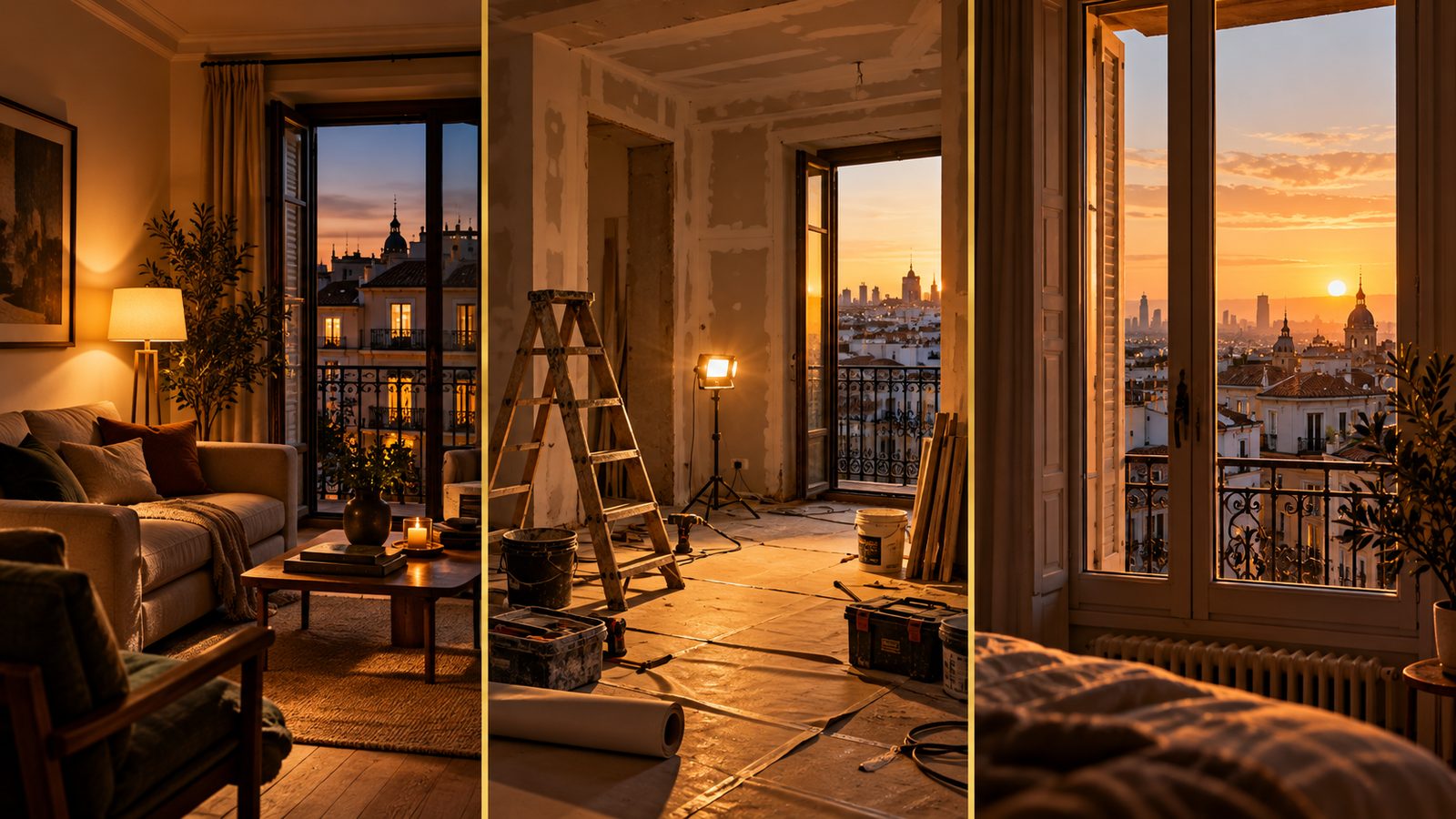 Tres formas de invertir: un piso alquilado, un piso en reforma y la vista de Madrid desde una ventana